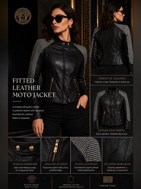 VERSACE Leather Jacket IT 42 Black Moto Houndstooth Sleeve Medusa Italy